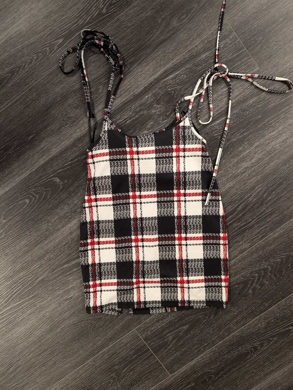 Black White & Red Plaid Pinafore Overall Mini Dress